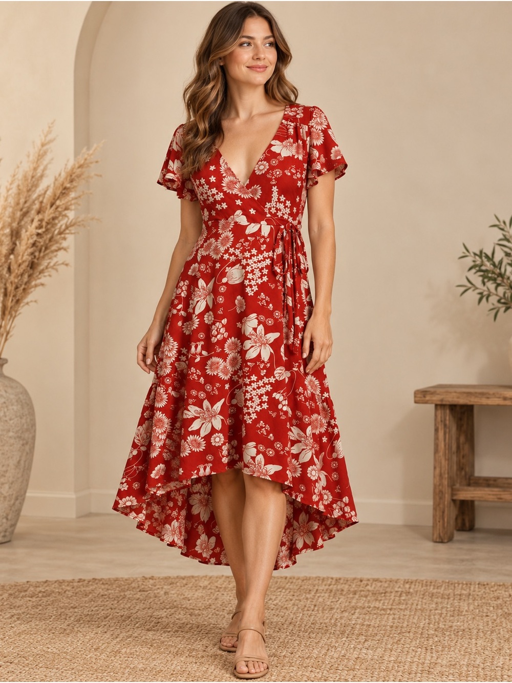 Urban Outfitters XS Red Floral High Low Wrap Midi Dress Flutter Sleeve